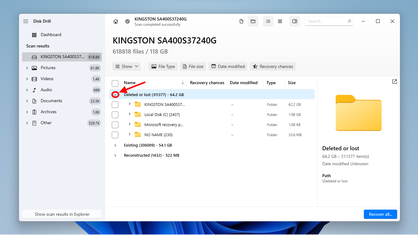 Disk Drill scan results window