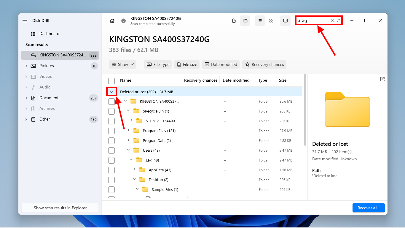 Disk Drill search bar and recovery categories