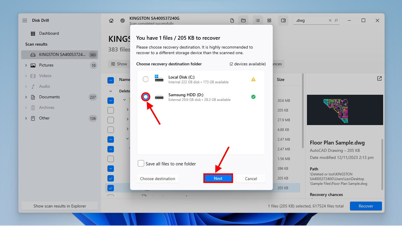 Disk Drill destination selection menu