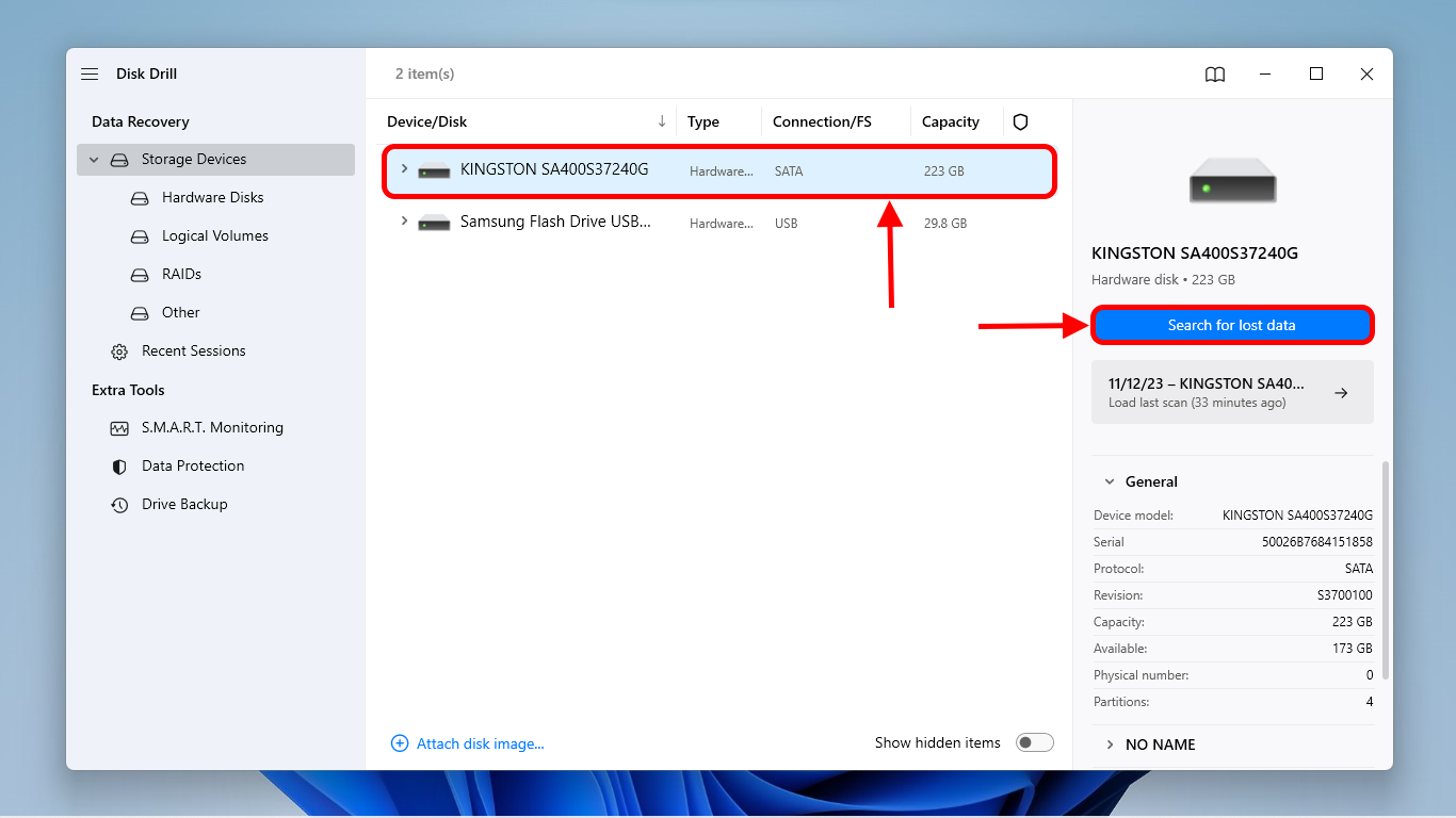 Disk Drill source selection window