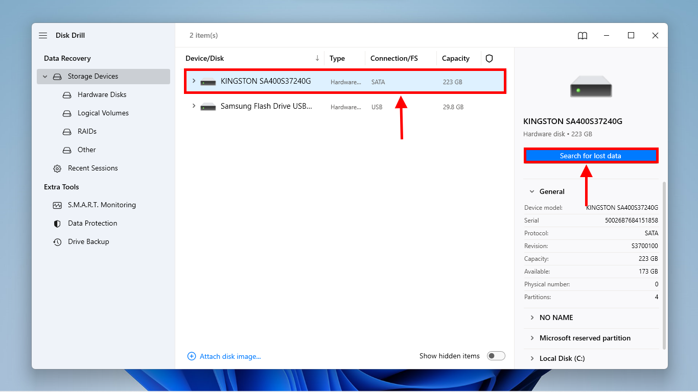 Disk Drill drive and volume menu