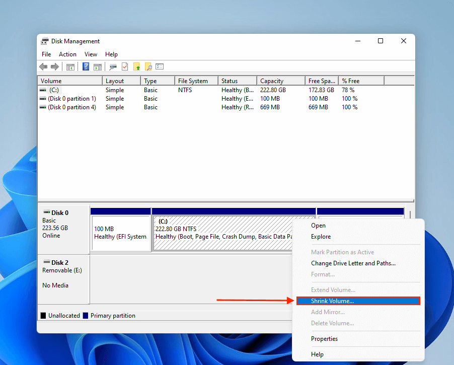 Shrink Volume function in Disk Management