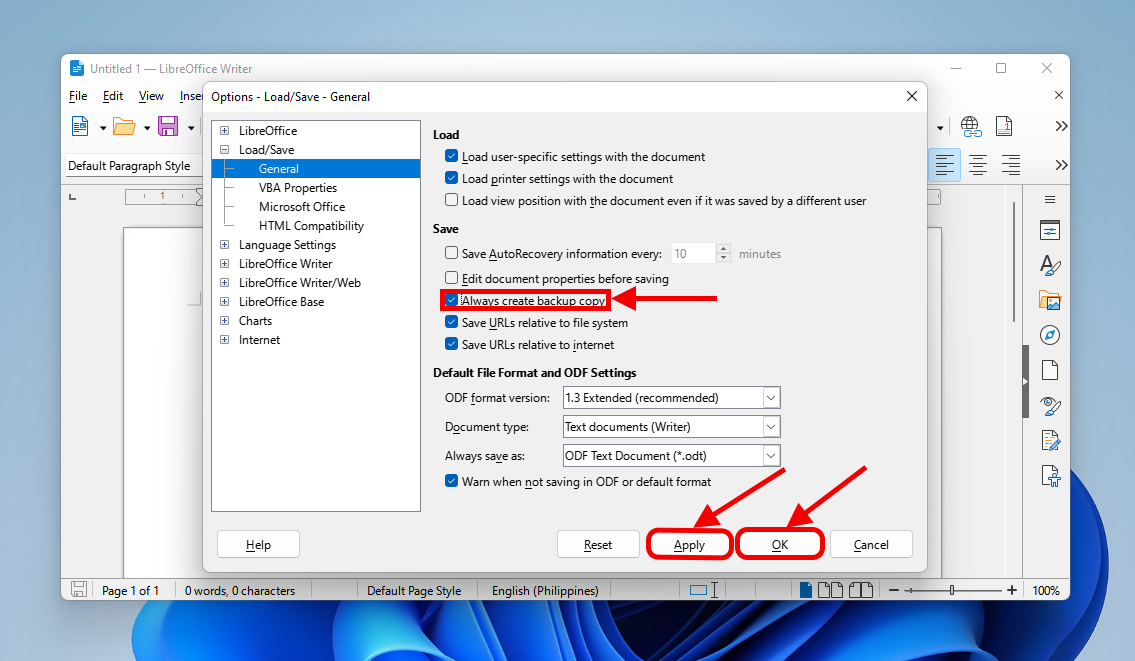 LibreOffice automatic backup settings in the Options menu