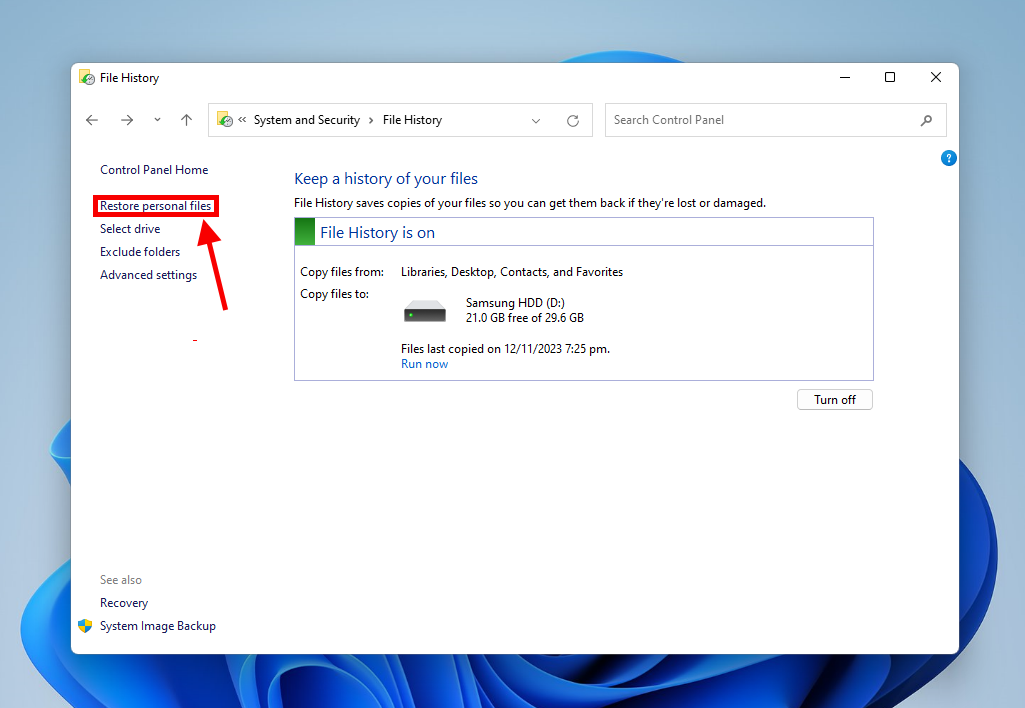 Restore Personal Files button in the File History menu