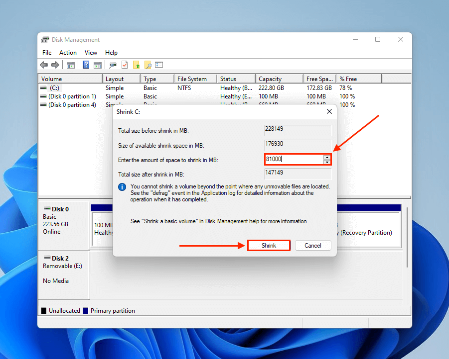 Parameters for Shrink Volume function in Disk Management