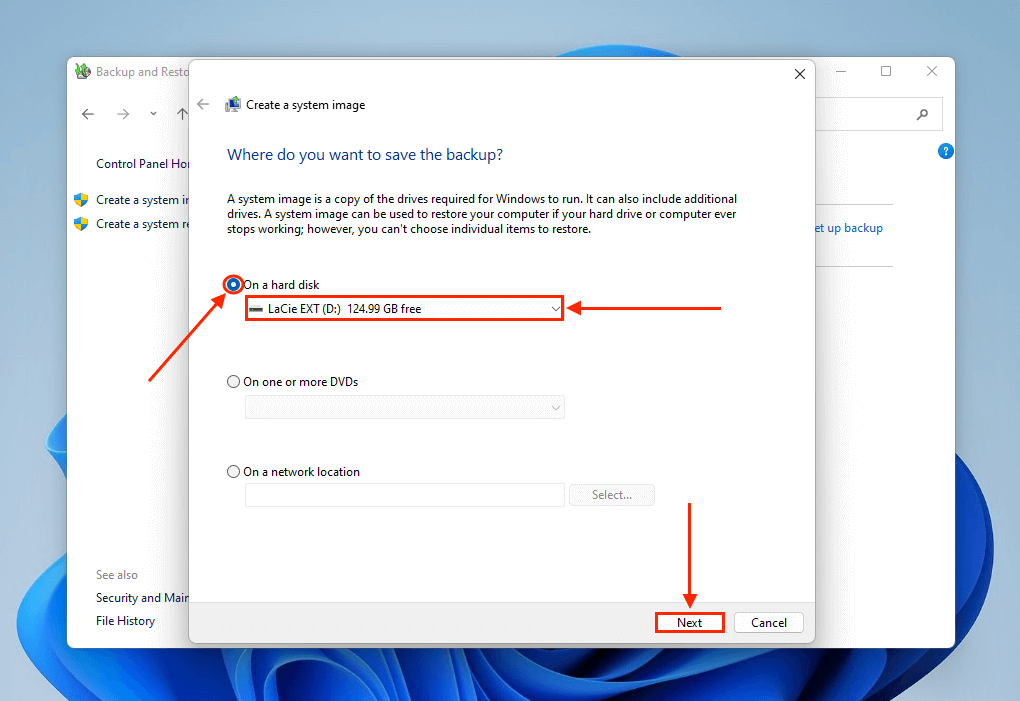 Drive selection for system image creation in the Backup and Restore menu