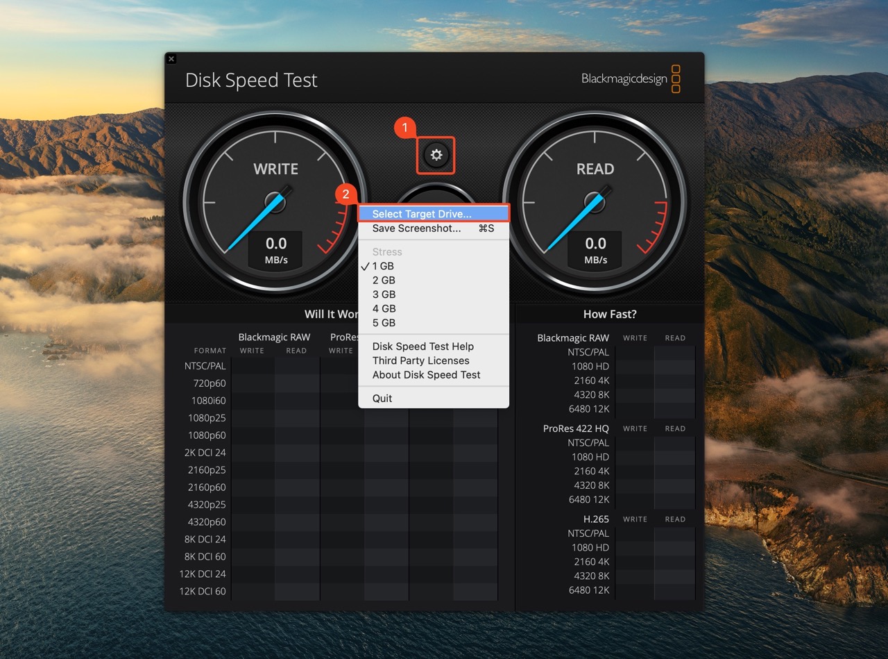 Select target drive in Blackmagic Speed Test.