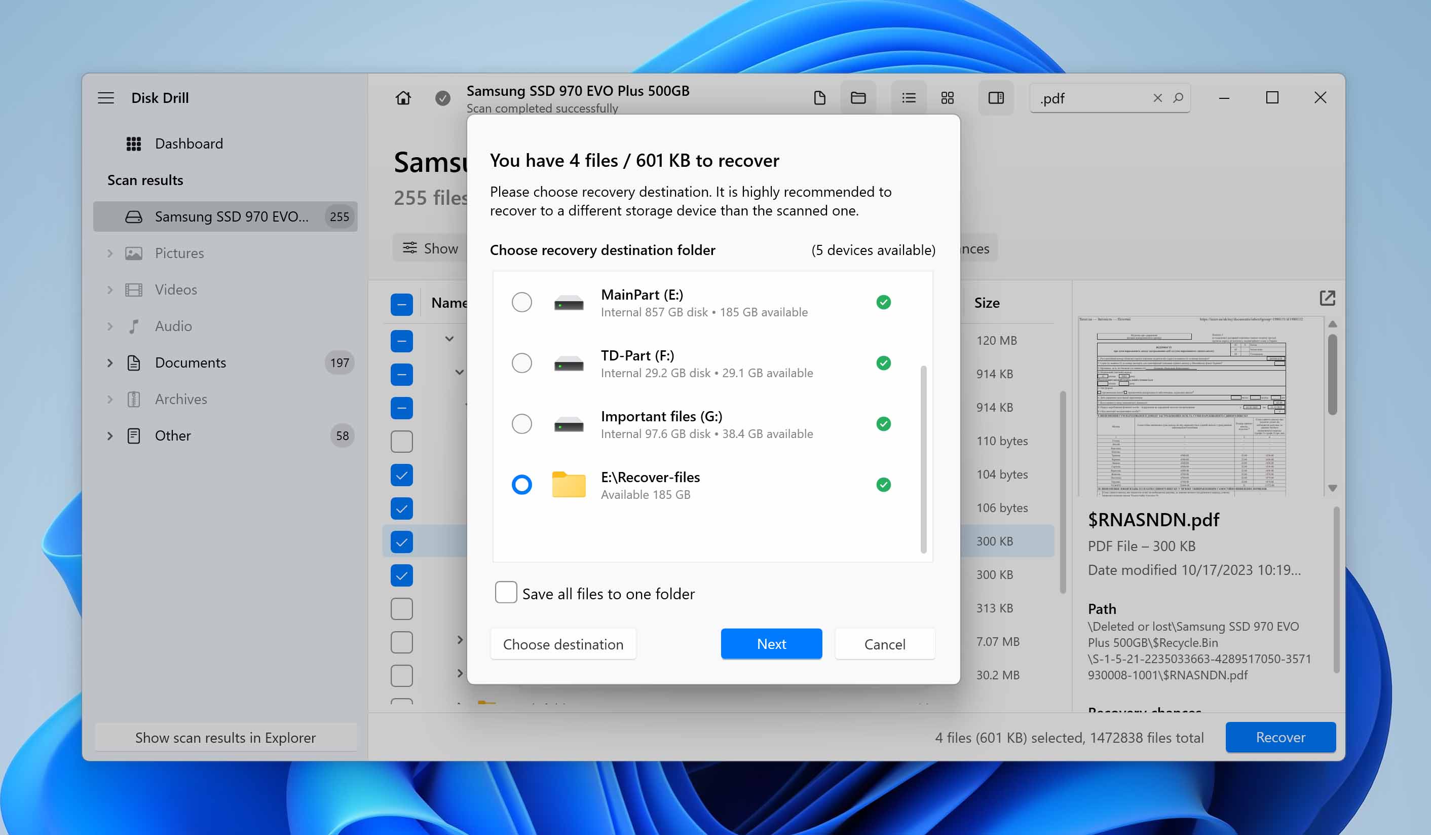 selecting destination for saving recovered files