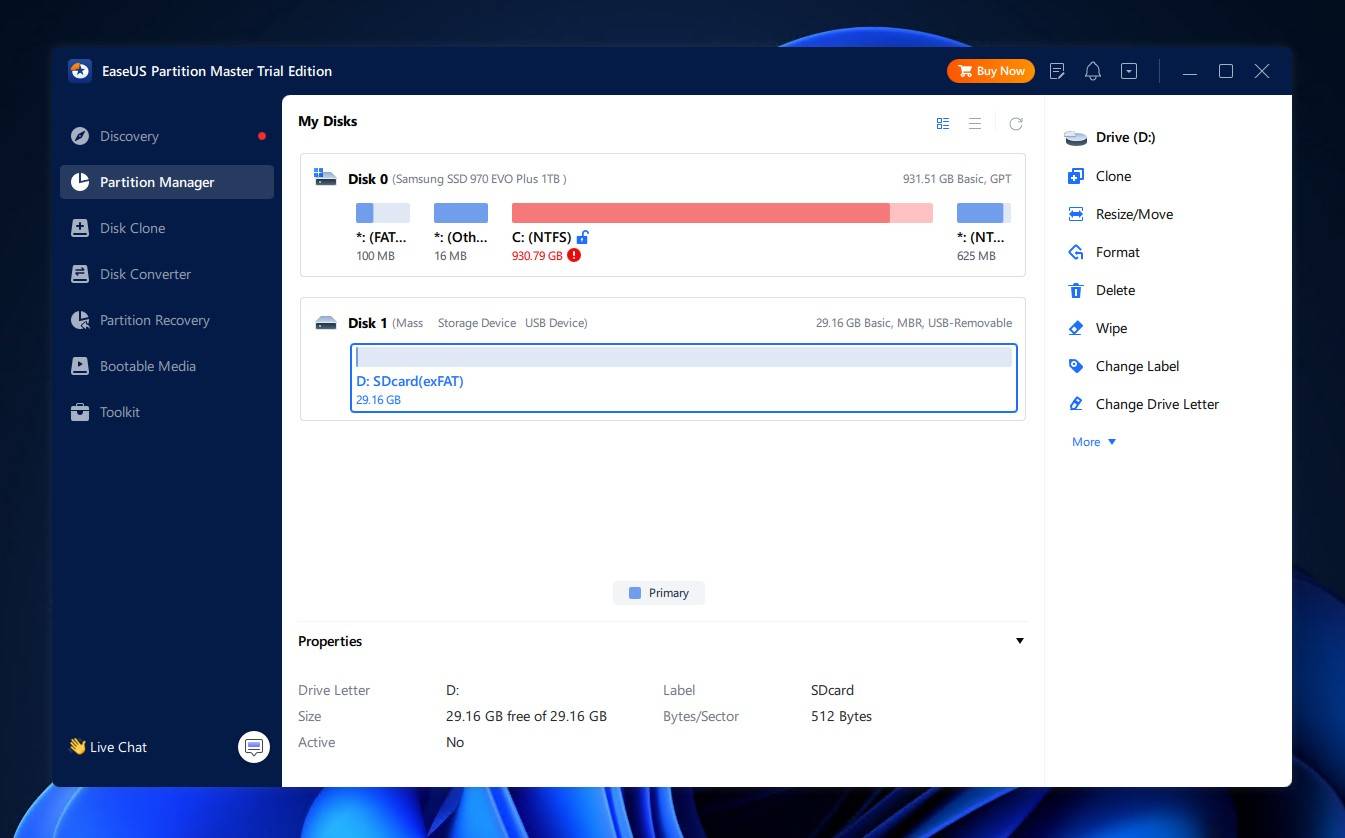 EaseUS Partition Master user interface.