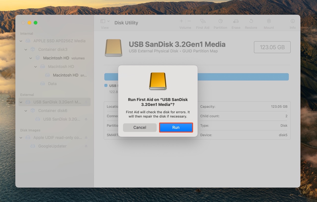 First Aid prompt in Disk Utility.