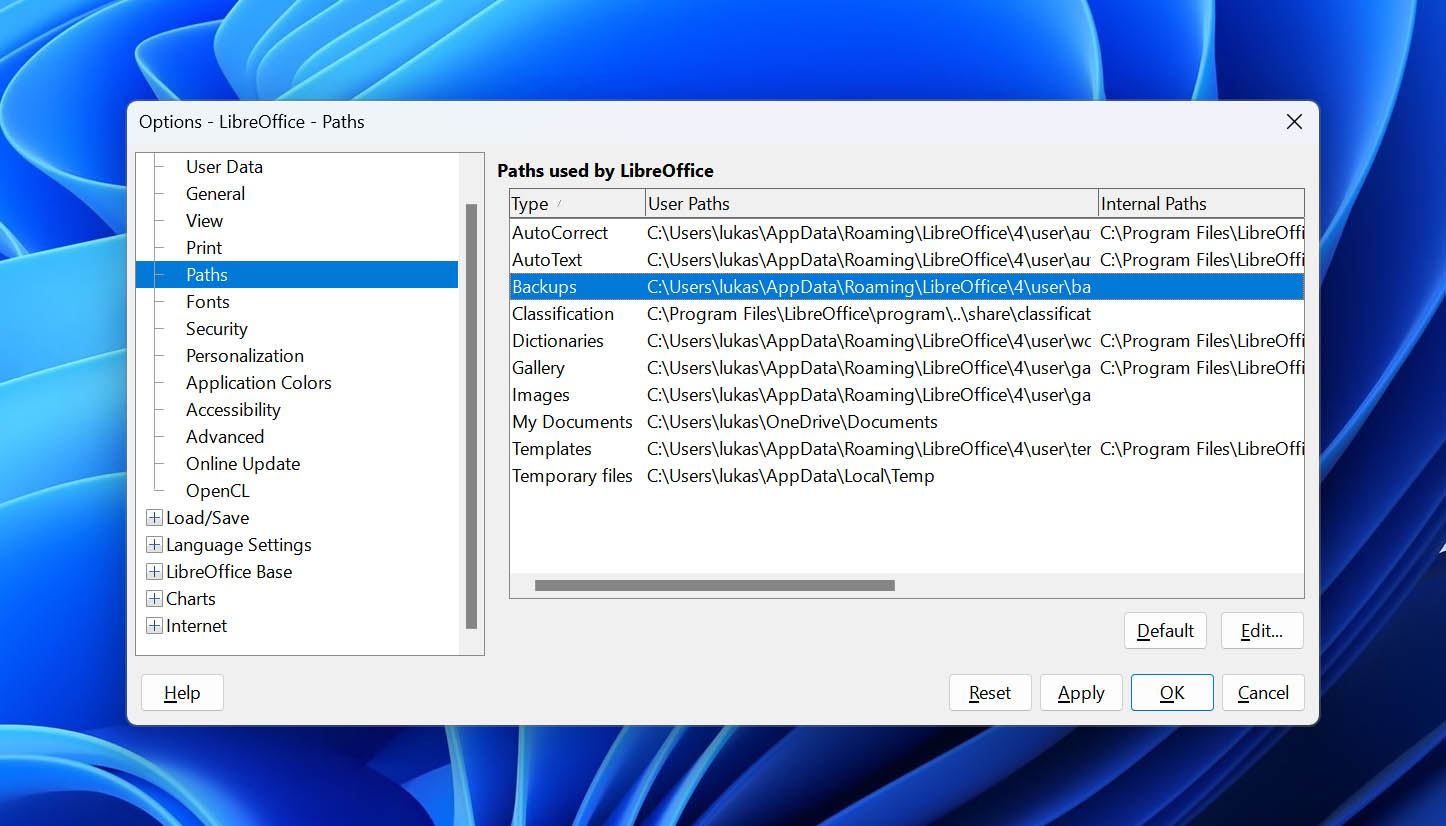 LibreOffice Backup Path