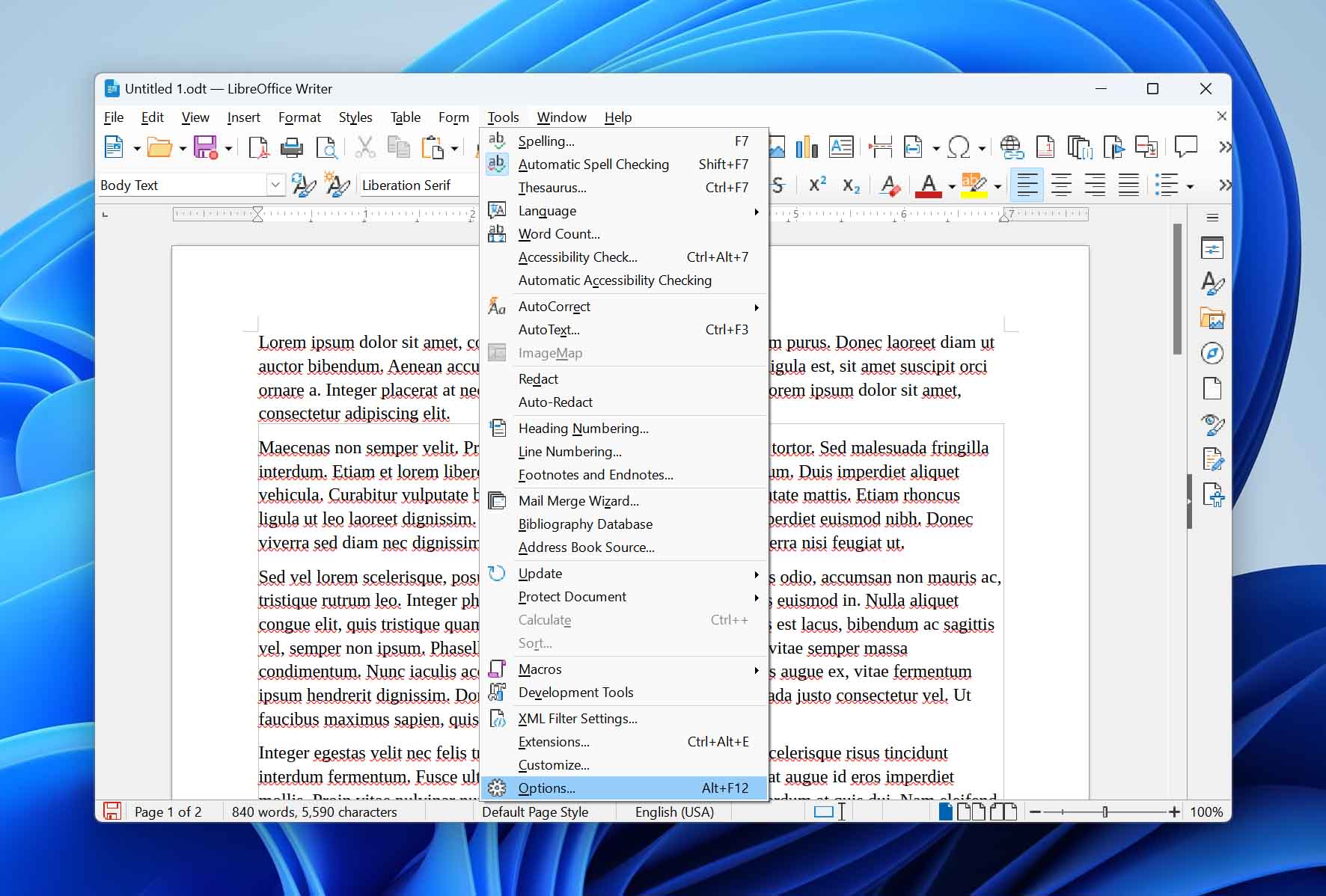 LibreOffice Tools menu