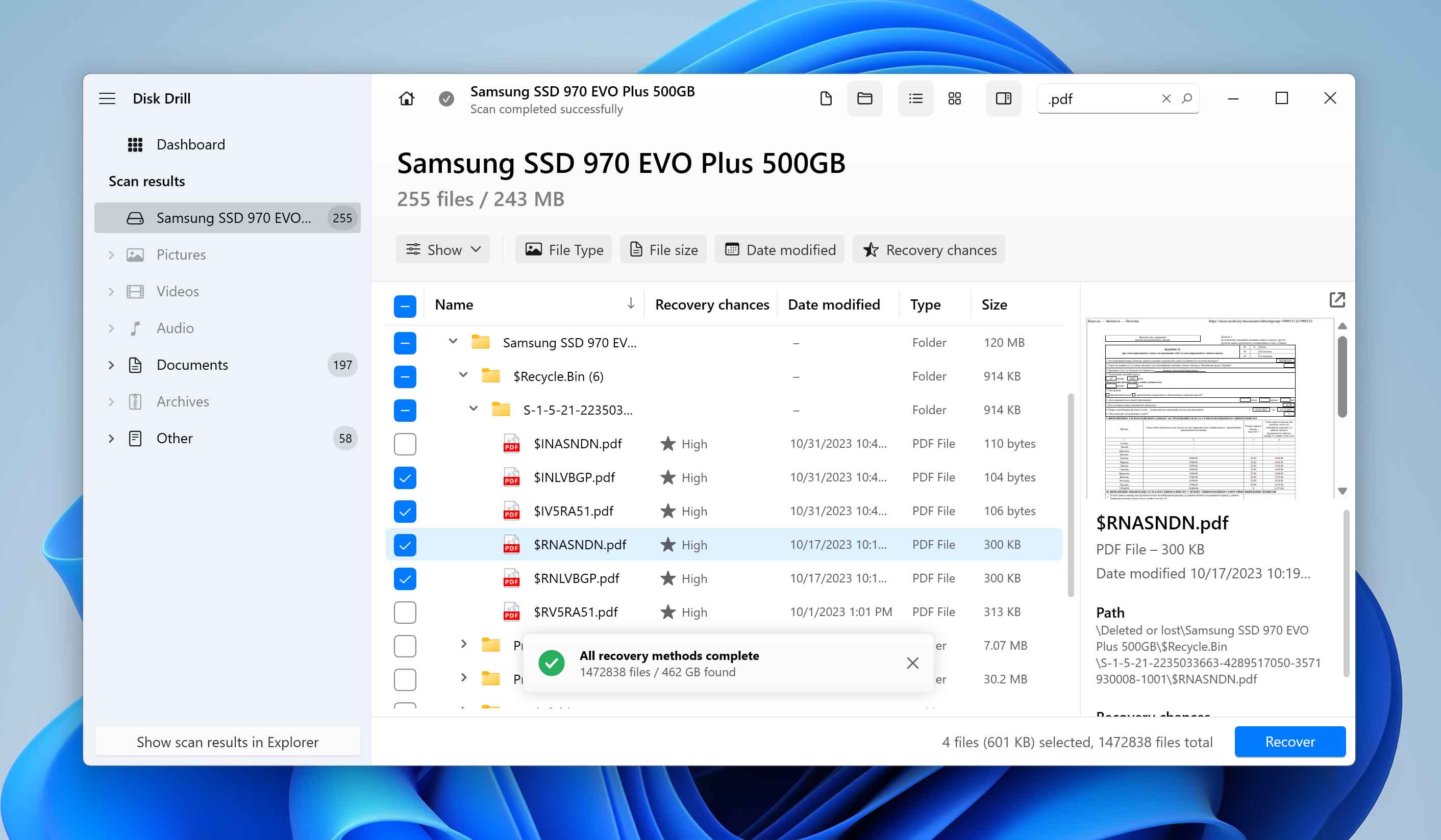 selecting files for data recovery