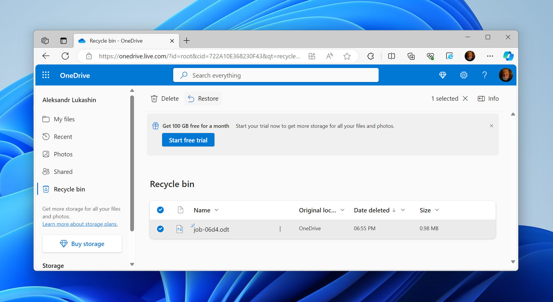 Recycle bin in the Microsoft OneDrive website