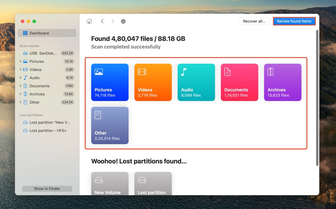 Review found items screen in Disk Drill.
