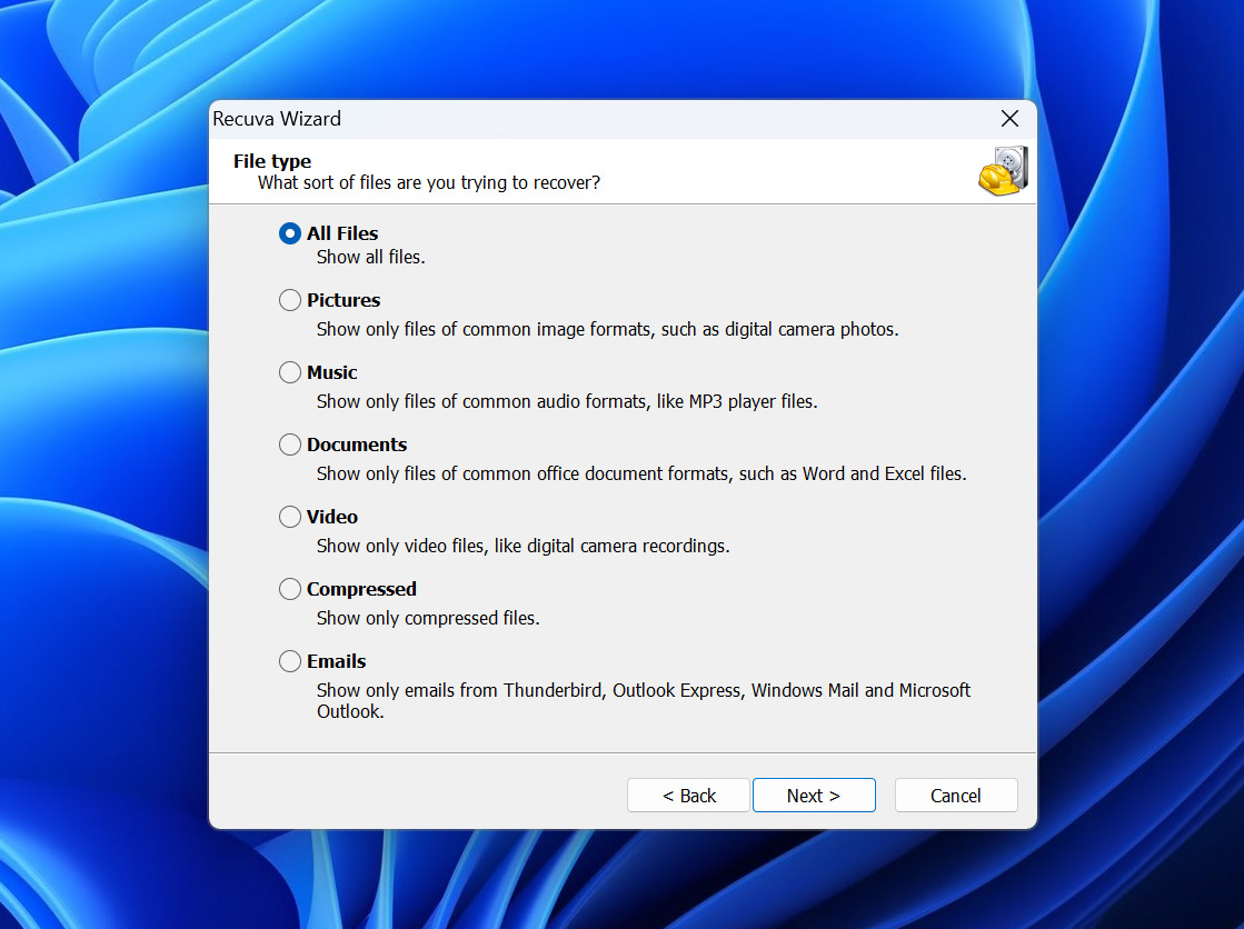Recuva wizard file type selection screen
