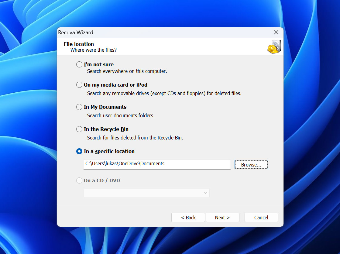 Recuva wizard recovery location selection screen