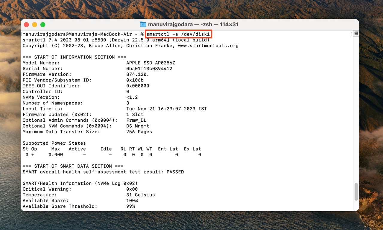 Smartctl command.