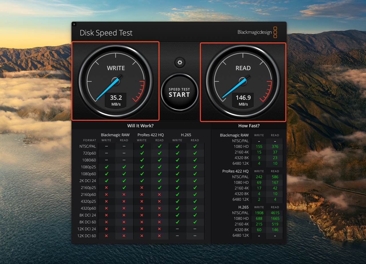 Speed test results in Blackmagic Speed Test.