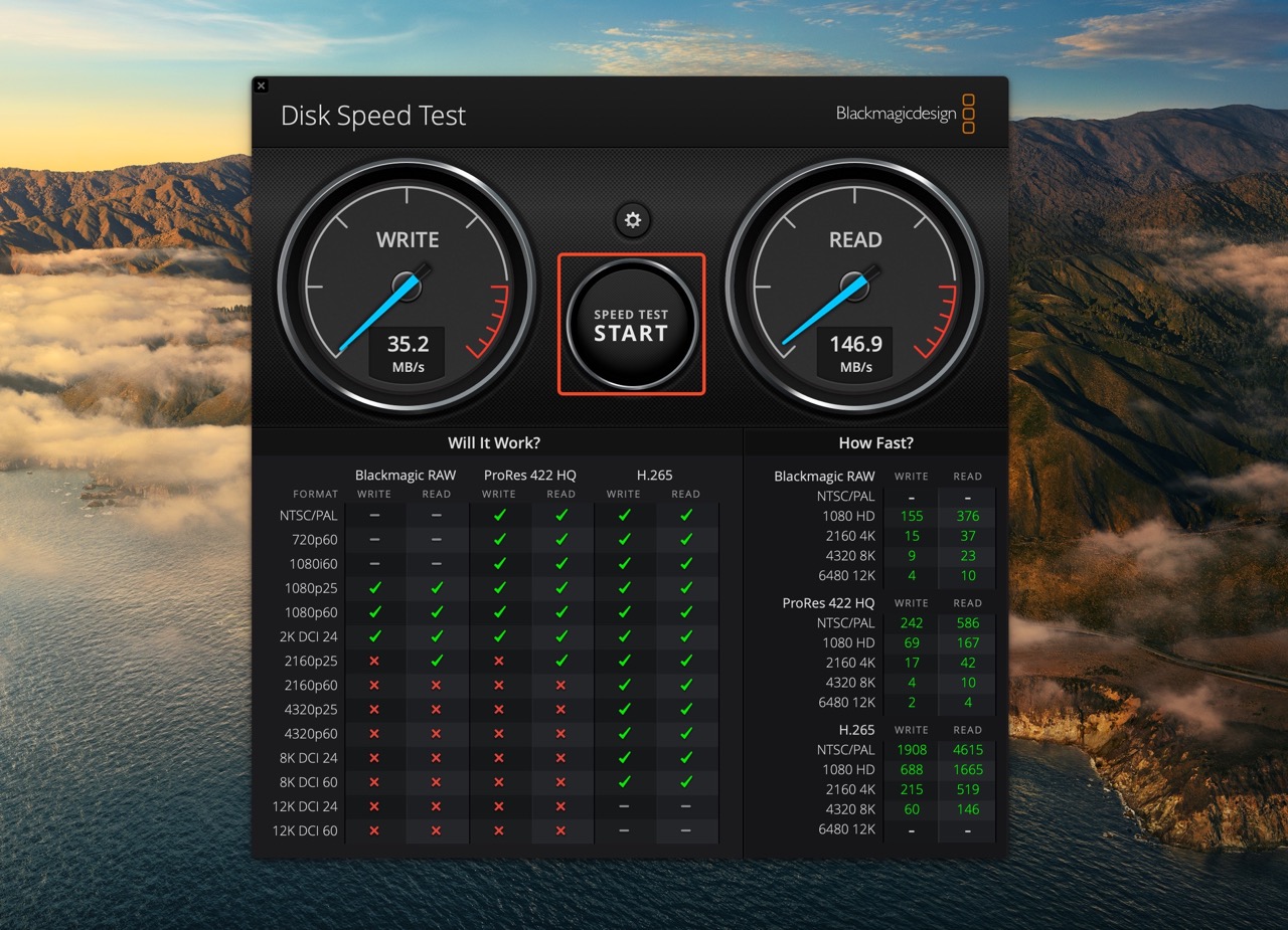 Start button in Blackmagic Speed Test.