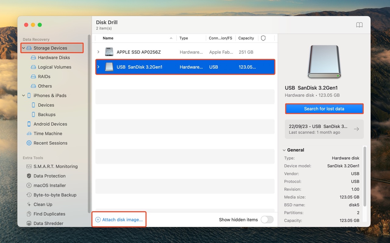 Storage drives list in Disk Drill.