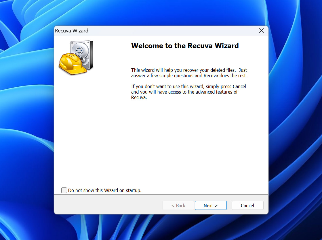 Recuva wizard initial window