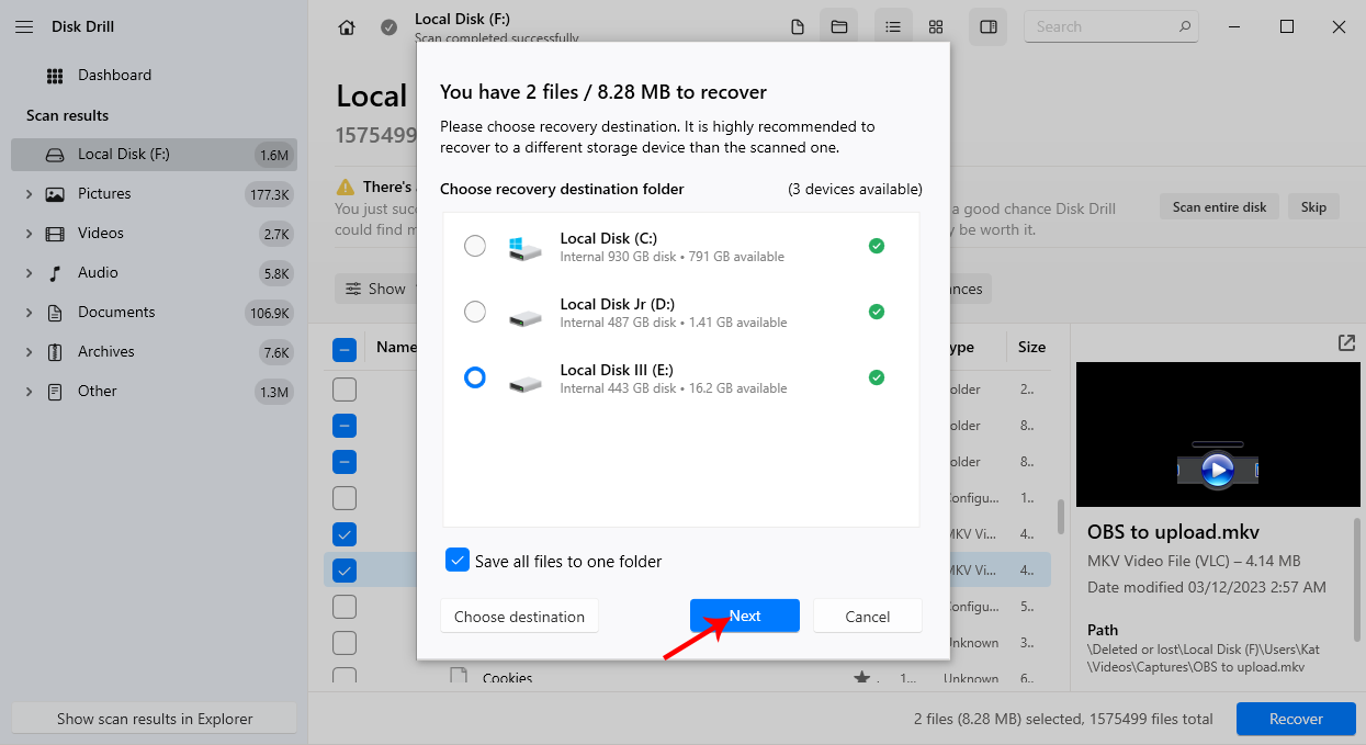 Disk Drill Choose Recovery Location