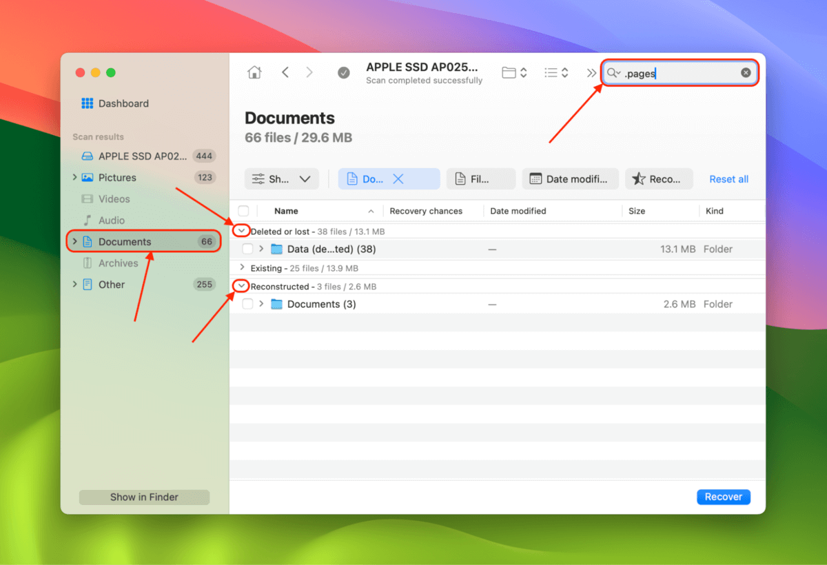 Disk Drill search and filter tools