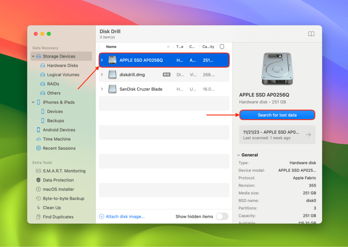 Disk Drill drive selection menu