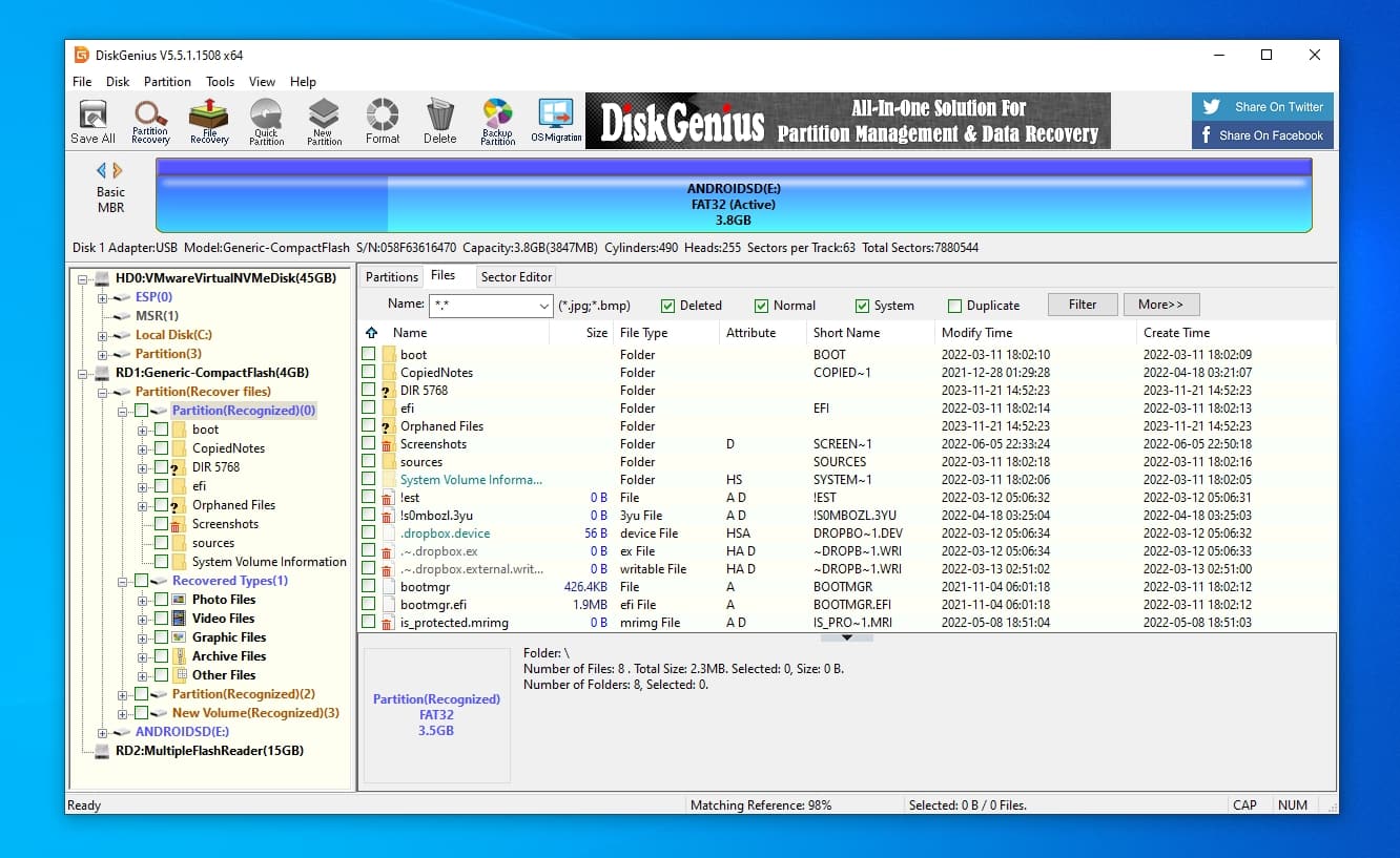 DiskGenius Interface after a scan