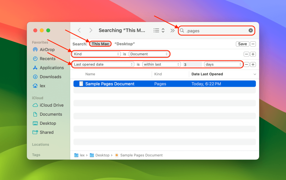 Advanced parameters in Finder's search tool