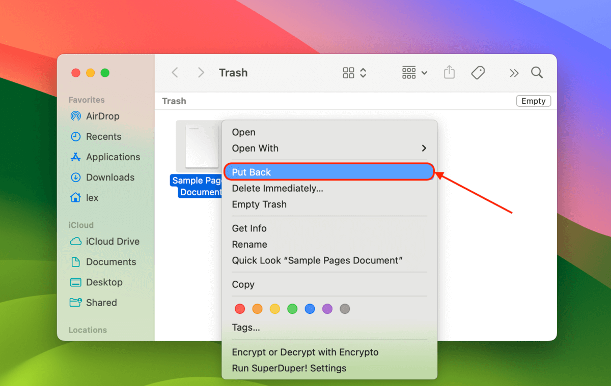 Restoring Pages document from Mac Trash