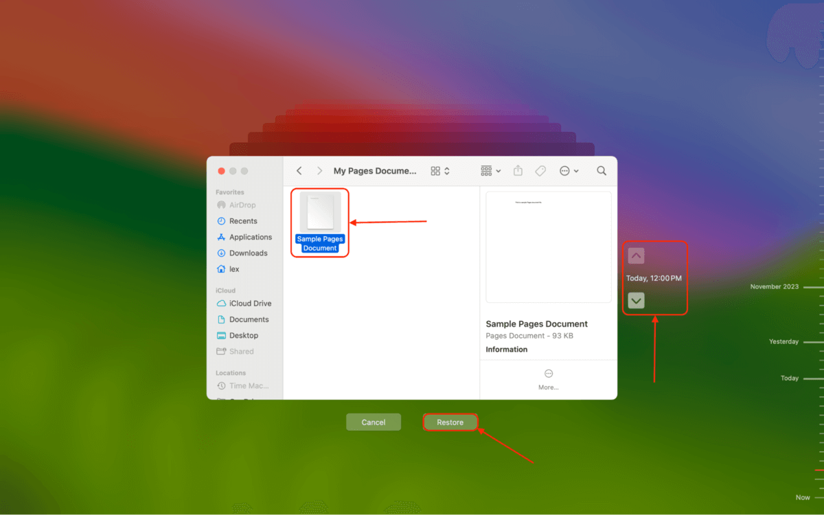 Snapshot of Pages document in Time Machine drive