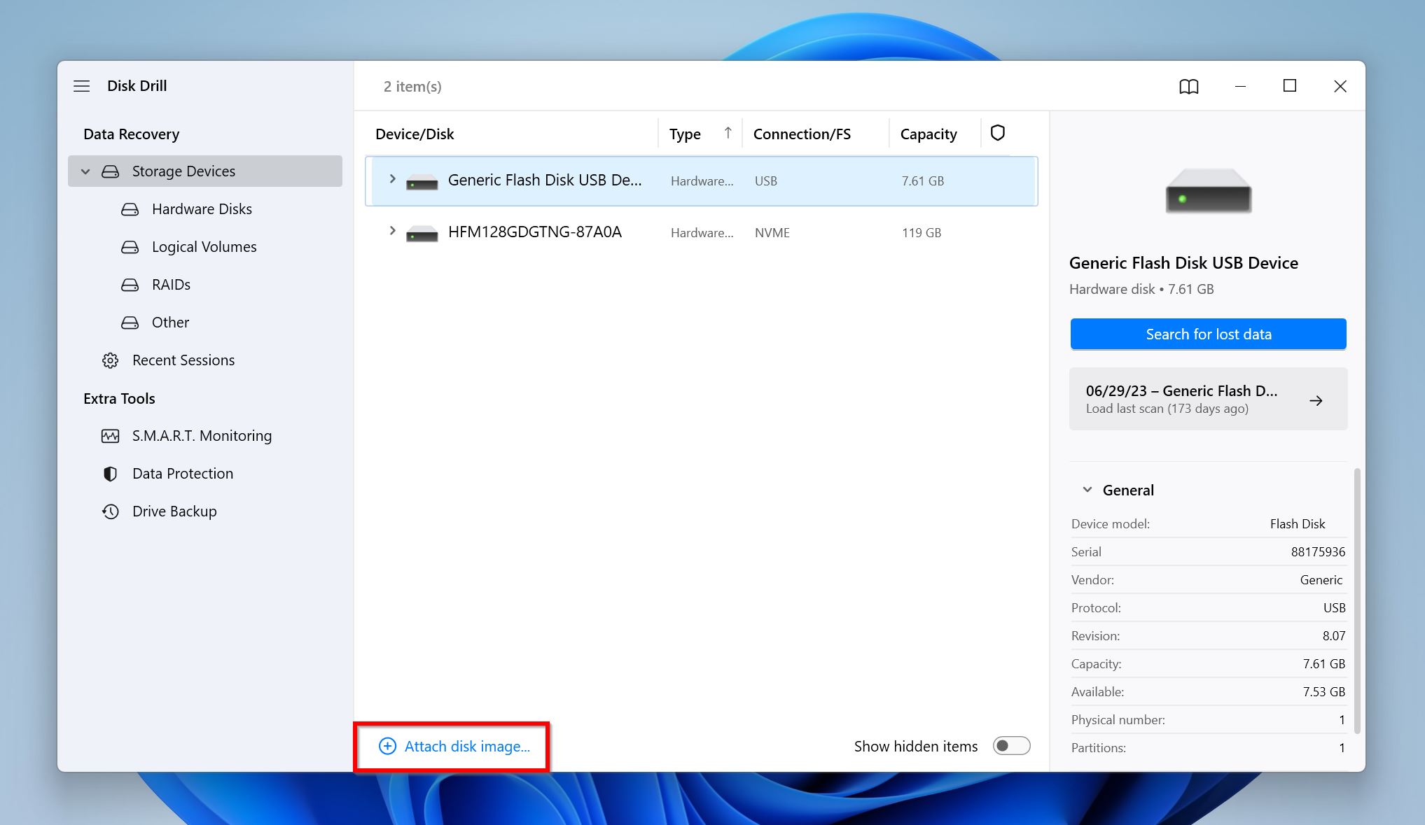 Disk Drill interface showing the option to attach a disk image, with a generic flash disk USB device displayed.