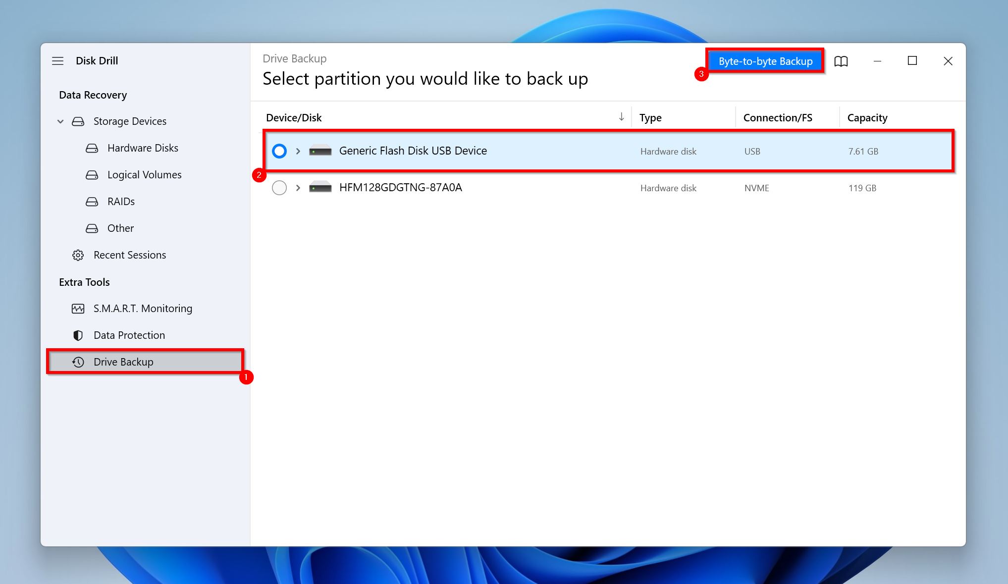 Disk Drill interface with the 'Drive Backup' option selected, showing a generic flash disk USB device ready for a Byte-to-byte Backup with its capacity listed.