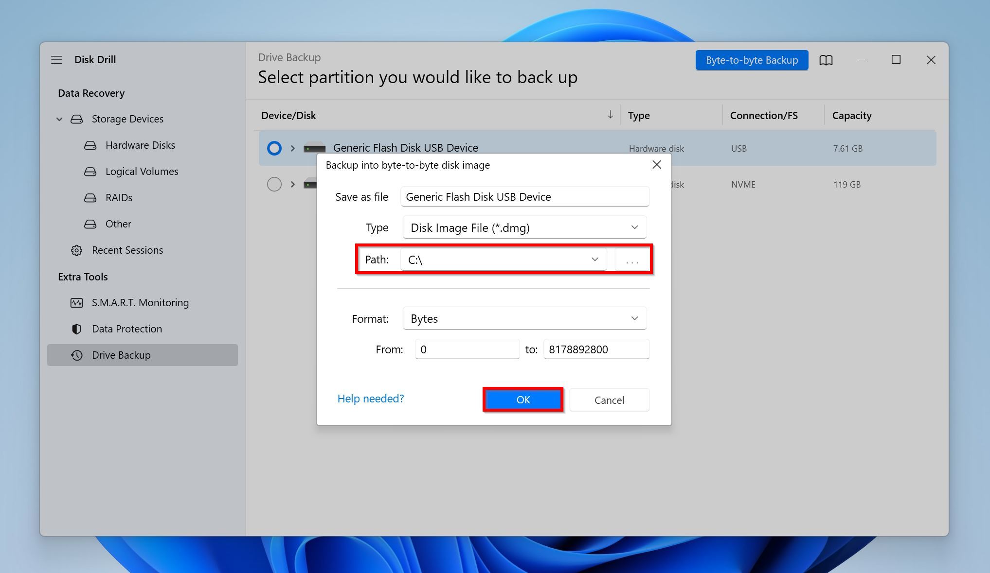 Disk Drill Byte-to-byte Parameters interface with options to select a partition for backup, highlighting a generic flash disk USB device, with fields for file name, type, path, format, and byte range.