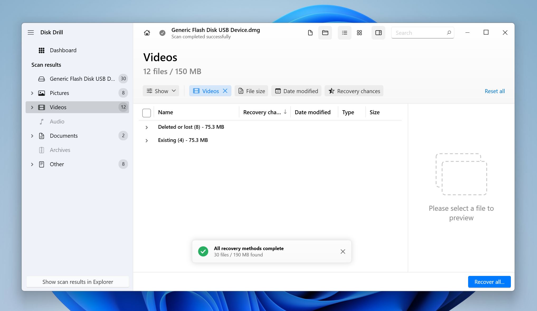 Disk Drill screen with Deleted or lost, and Existing sections, with a summary of 12 files and 150 MB found.