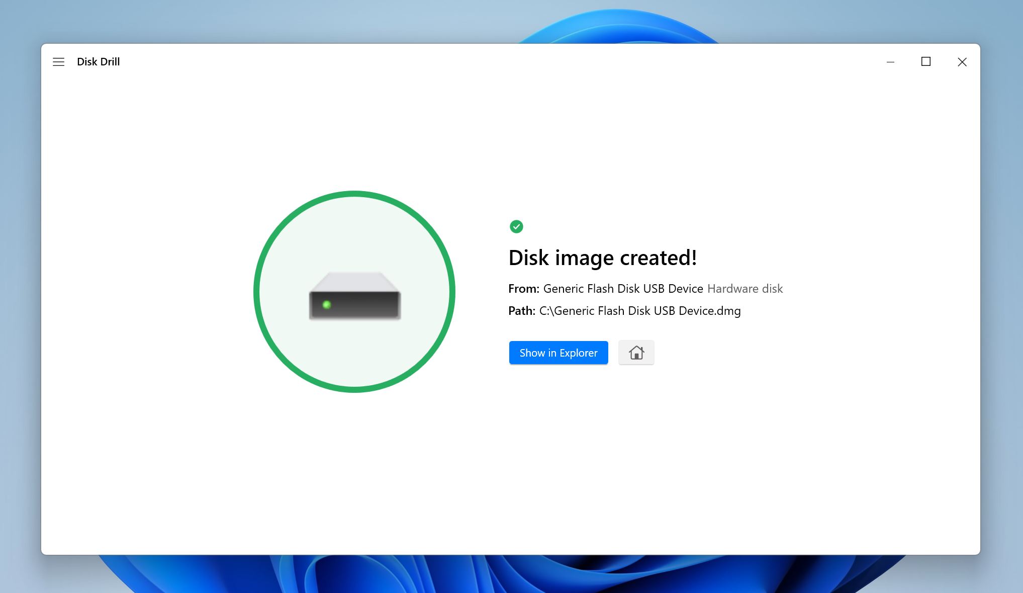A notification from Disk Drill stating 'Disk image created!' for a generic flash disk USB device, with the path to the saved disk image file shown.