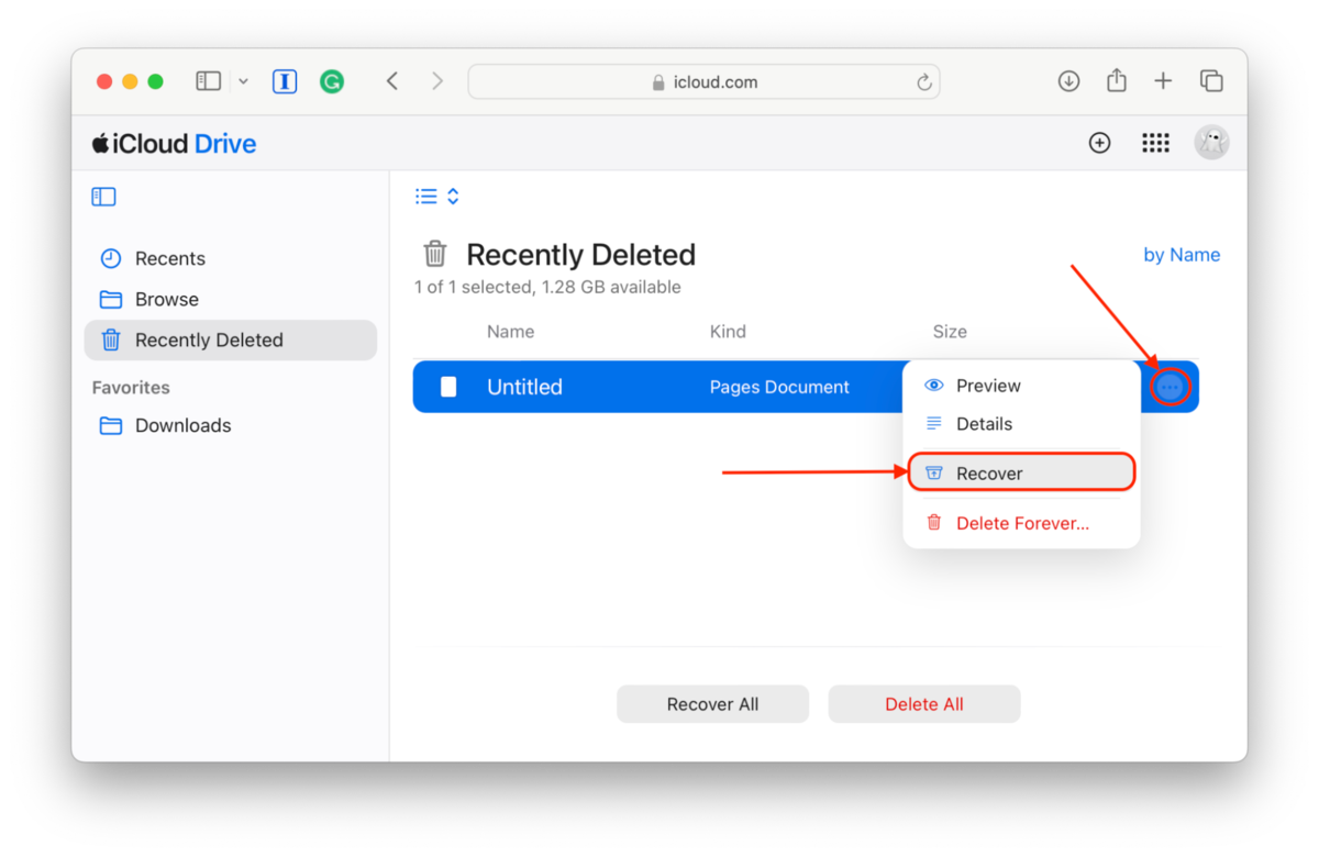 iCloud Drive's Recently Deleted folder on iCloud web