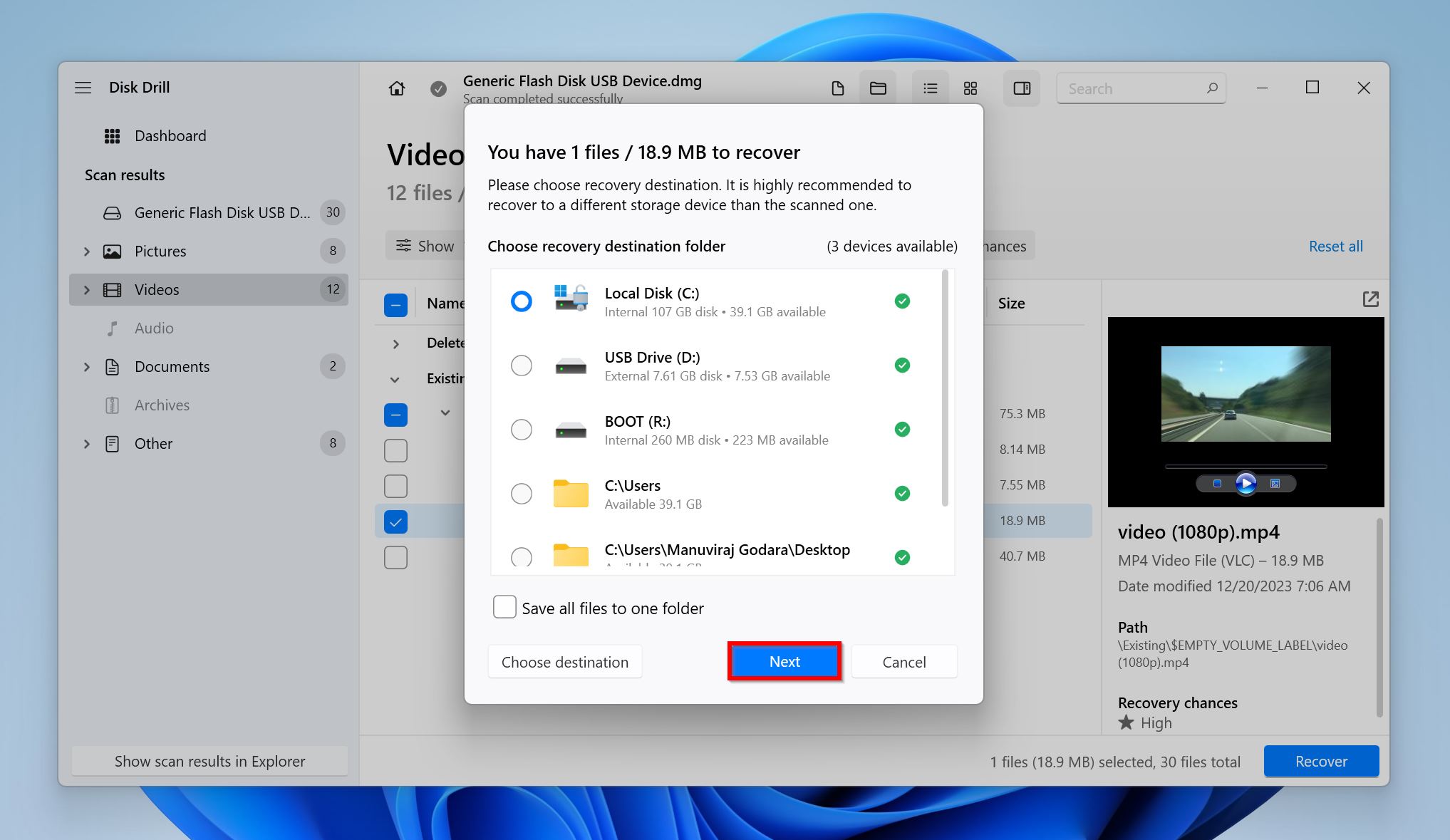 Disk Drill recovery interface displaying scan results for a generic flash disk USB device, showing a selection of video files with the option to recover them to a specified destination folder. There's a highlighted video file named 'video (1080p).mp4' with high recovery chances, and the interface includes paths to potential recovery locations such as the local disk and a USB drive.