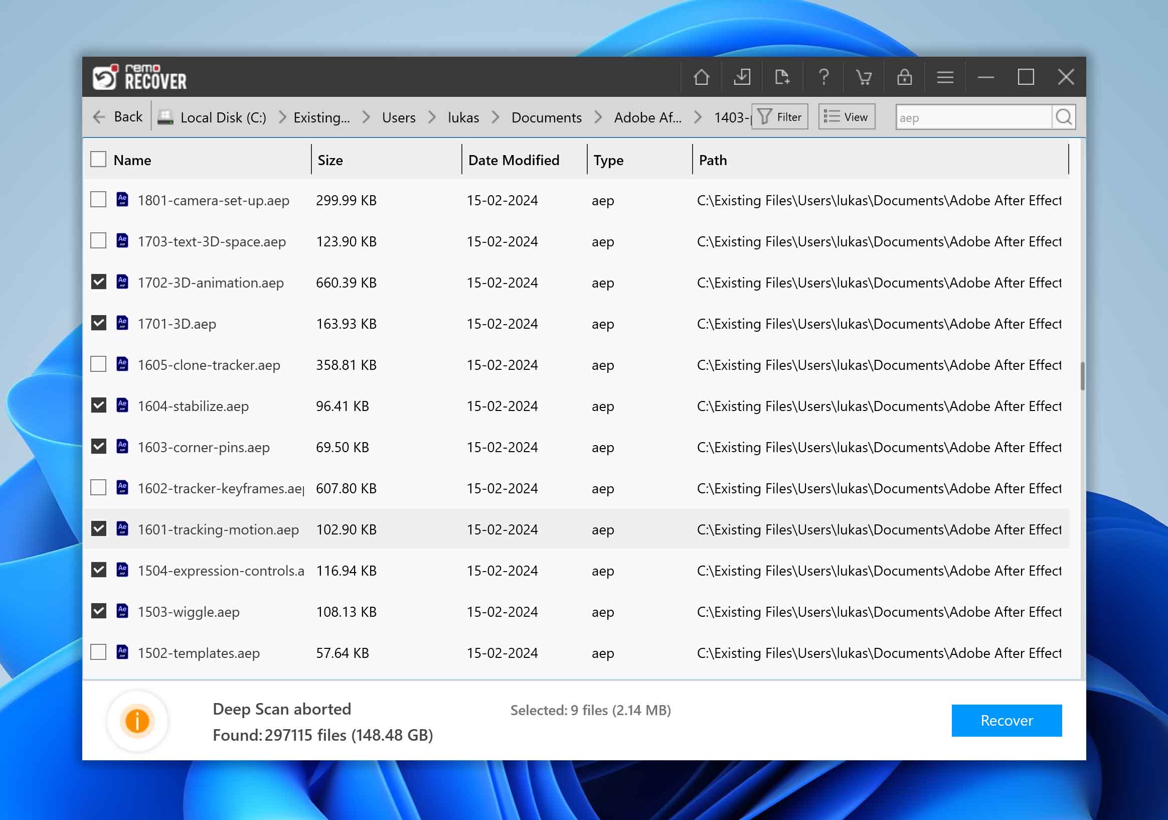 select aep files for recover