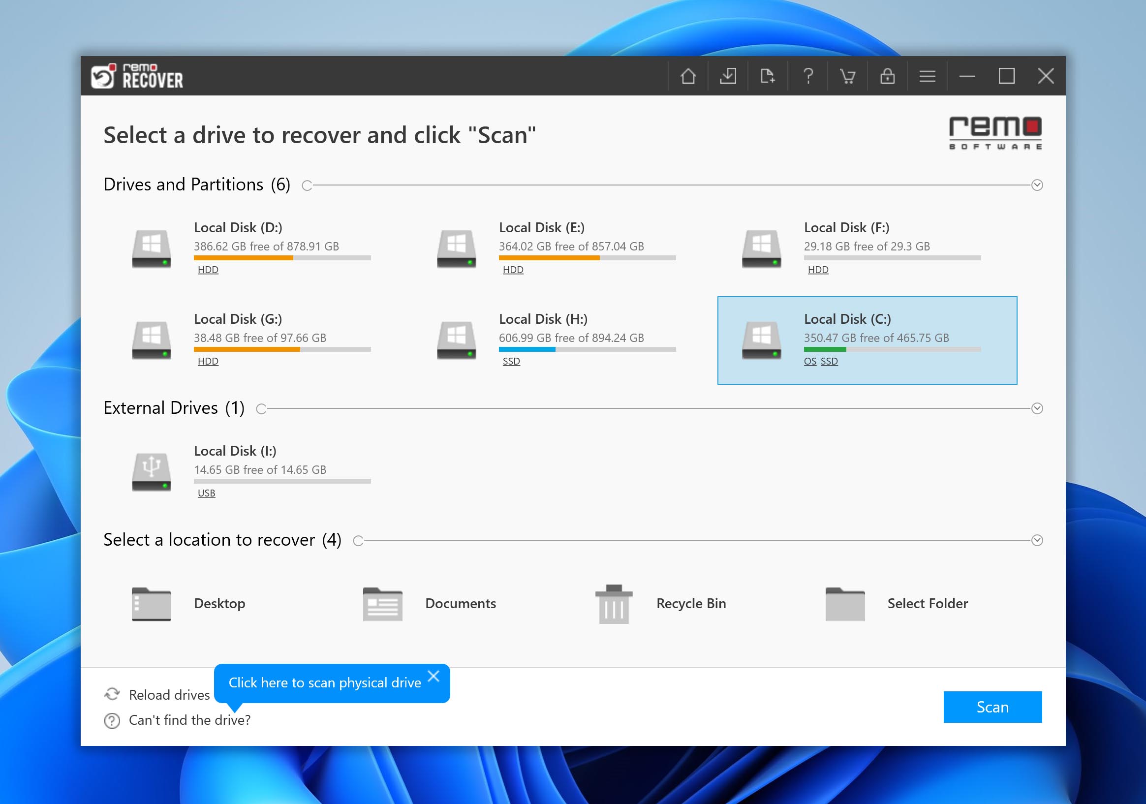 select drive for scan in Remo Recover