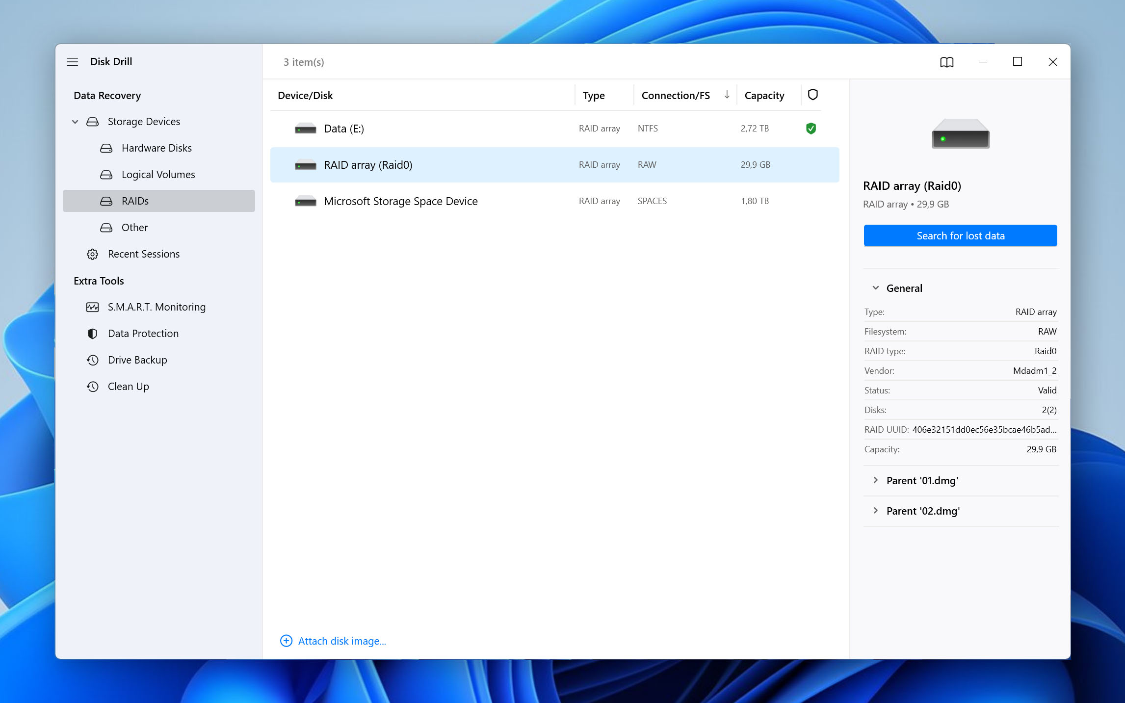 Select NAS RAID for recover in Disk Drill