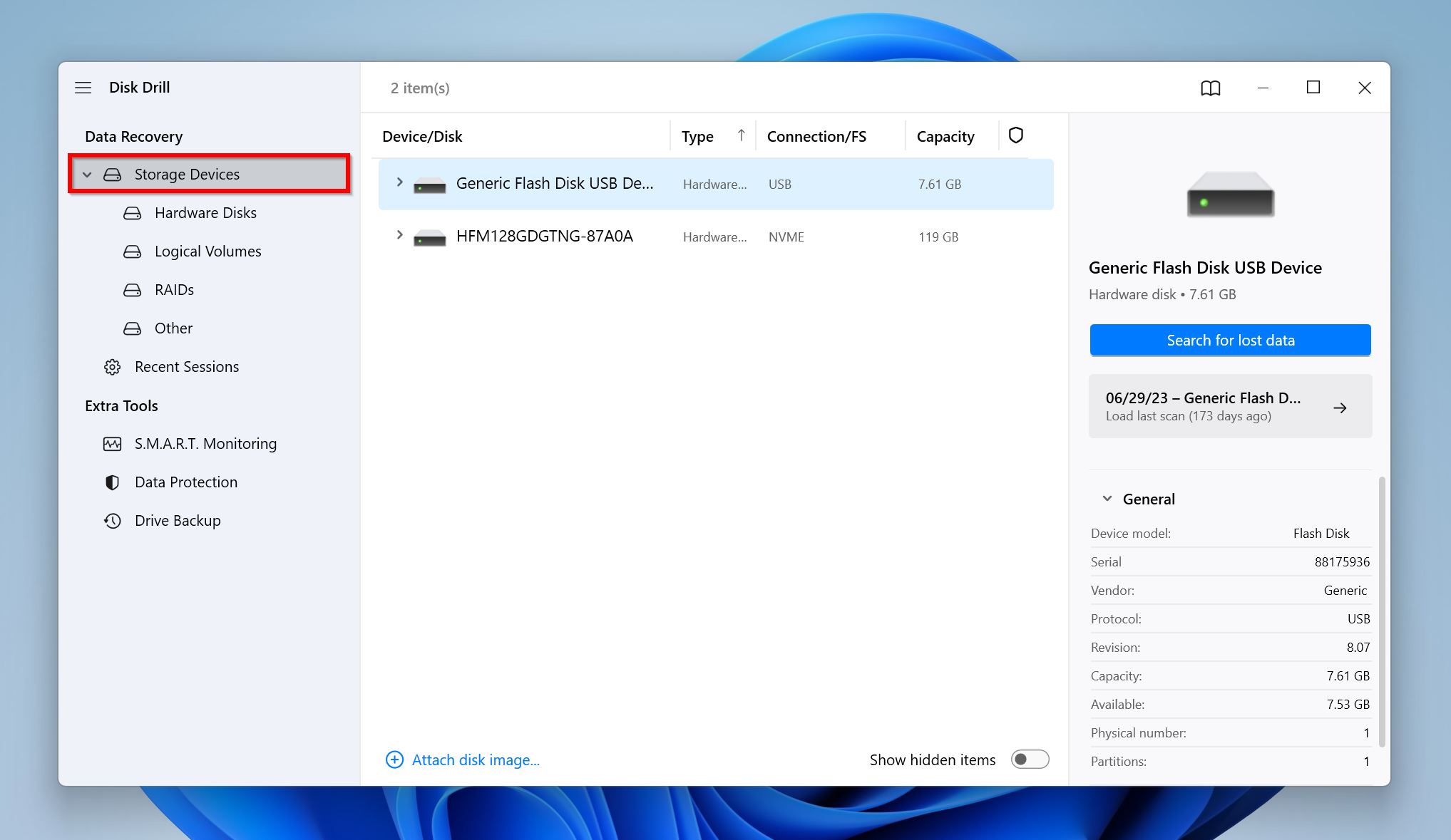 isk Drill's storage devices section highlighted, ready for performing actions on a generic flash disk USB device.