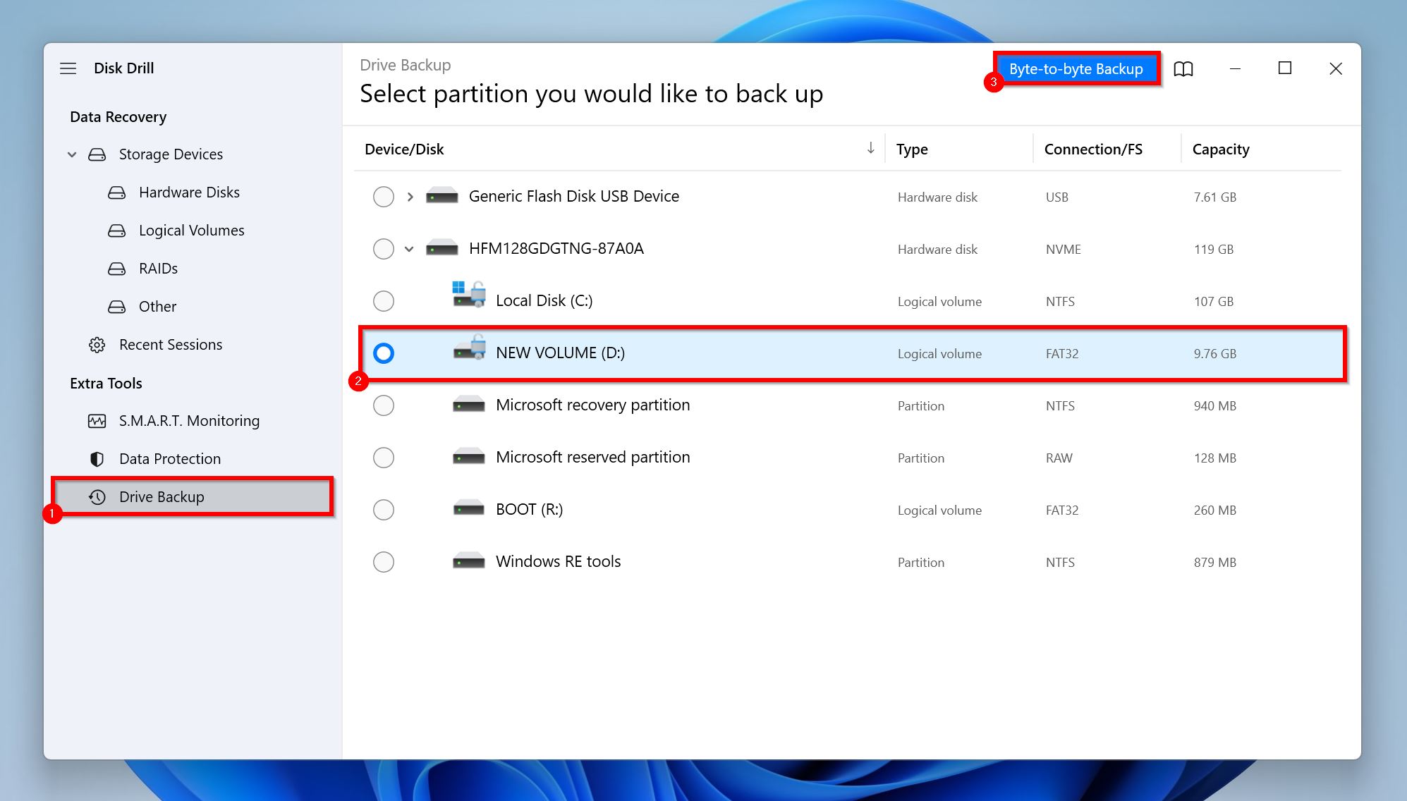 Byte-to-byte Backup Screen.