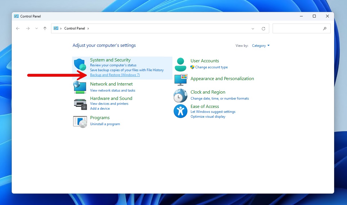 control panel windows backup and restore option highlighted