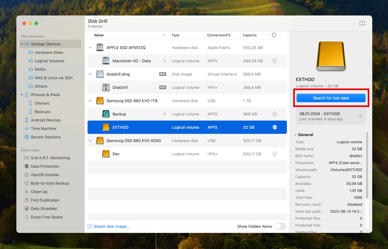 disk drill apfs search for lost data button highlighted