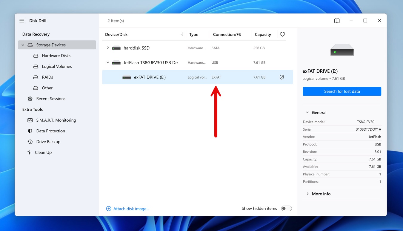 disk drill exfat drive selected