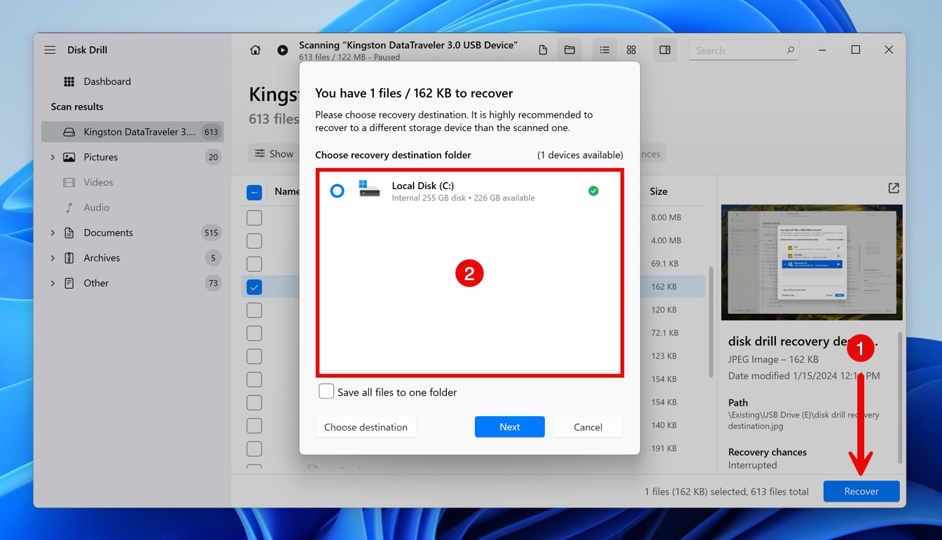 disk drill recover button and destination selection