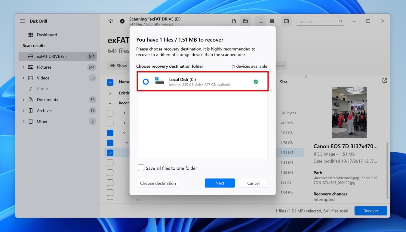 disk drill recovery location selected